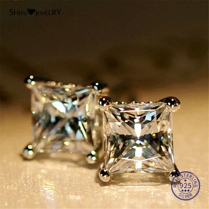 Женские квадратные серьги гвоздики Shipei гипоаллергенные из серебра 100% пробы с