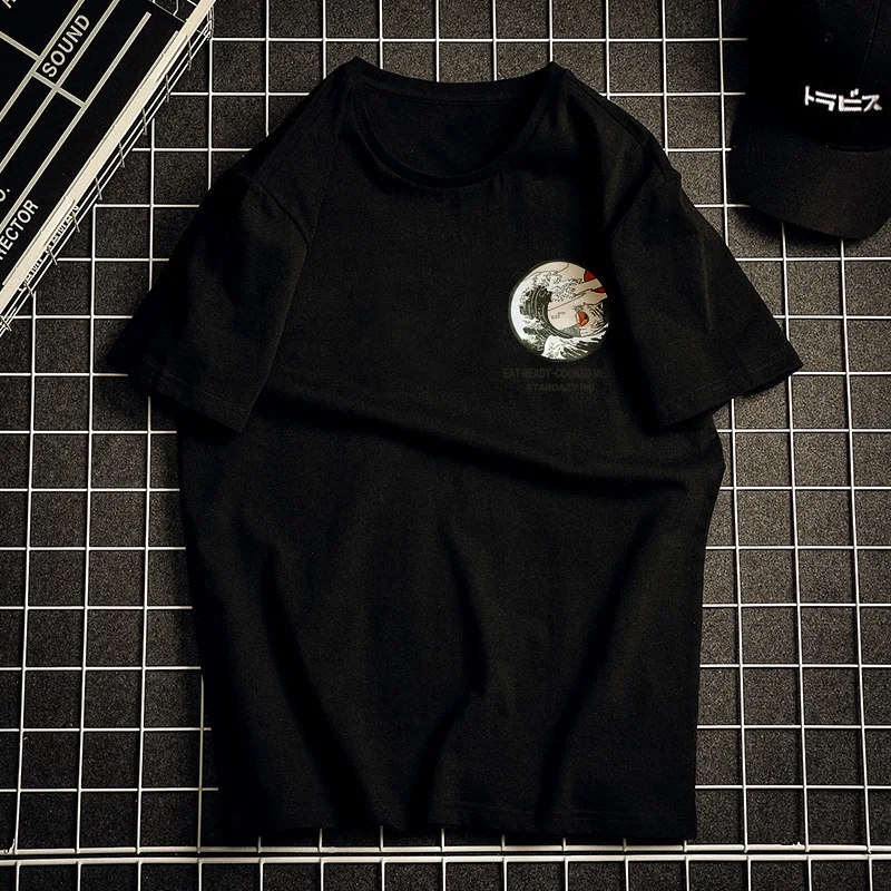Мужская Однотонная футболка с короткими рукавами и забавным принтом японский