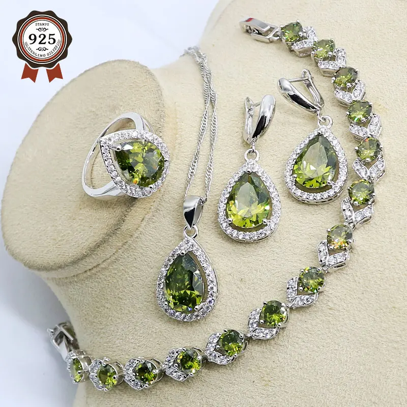 Набор классических ювелирных изделий оливкового цвета с кубическим цирконием