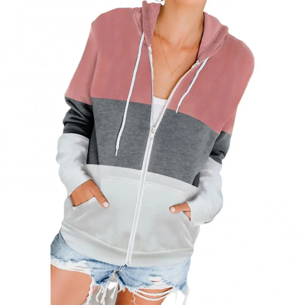 

Autumn Winter Women Long Sleeve Color Block Hoodie Pockets Zip Coat Outerwear