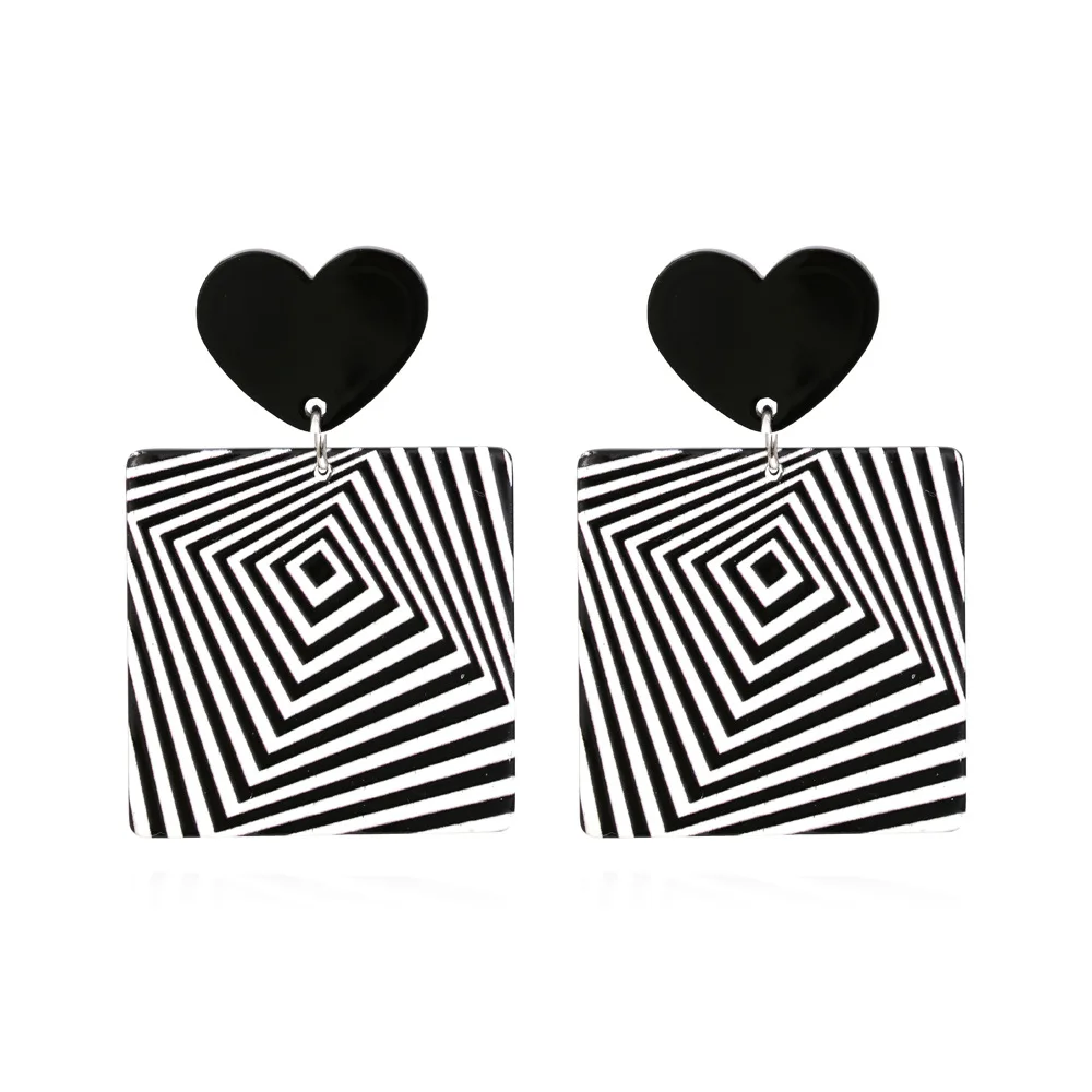 

Hot New Korean Style Geometric Women Black White Stripe Plaid Heart Square Acrylic Drop Earrings Female Jewelry Wholesale