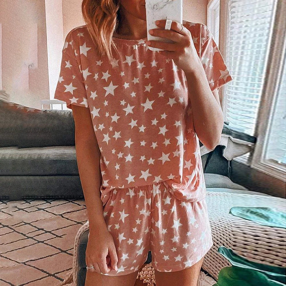 Летние женские пижамные комплекты хлопковые шорты с коротким рукавом