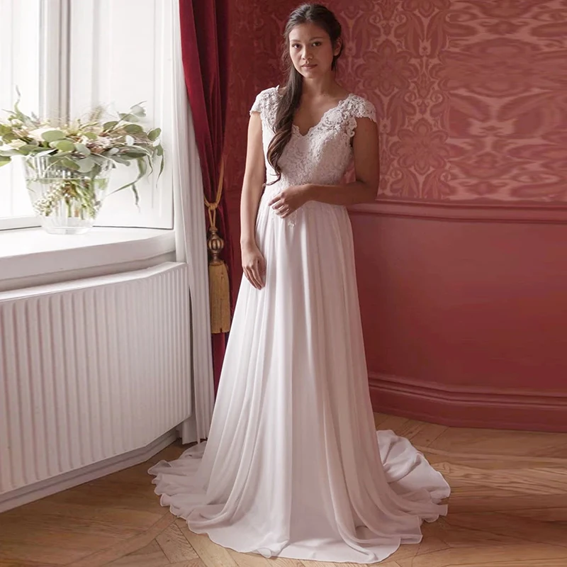 

Женское шифоновое свадебное платье Weilinsha, ТРАПЕЦИЕВИДНОЕ ПЛАТЬЕ с кружевным верхом и V-образным вырезом, модель 2020