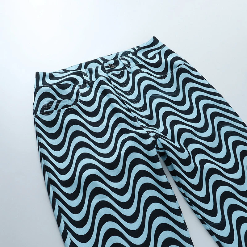 

ONEINALL Print Striped Casual Pant For Women High Waist Hit Color Full Length Flare Pants Female Summer 2021 Fashion New Clothes