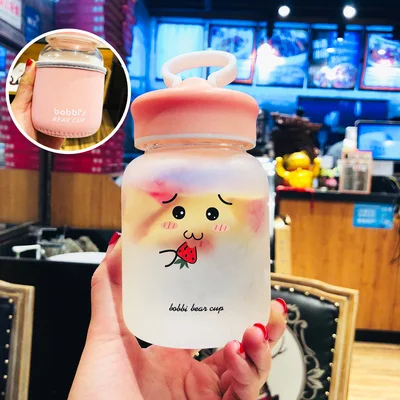 Frosted watermelon Kawaii стеклянная бутылка для воды, портативная чашка с милым медведем, чайное ситечко, герметичная Питьевая Бутылка для девочек, студентов, детей - Цвет: Frosted watermelon