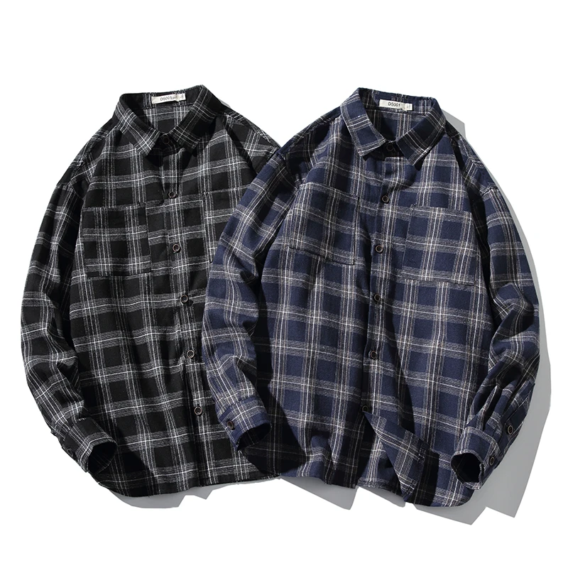 2021 Spring Autumn Long Sleeves New Flannel Collar Korea STYLE Shirt for Men's Plaid Harajuku Clothing