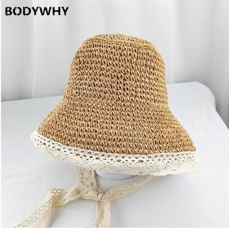 

Straw Hat Women's Hipster Summer Outing Beach Sun Hat Korean-style Lace Lace-up Sweet Foldable Bucket Hat Fashion