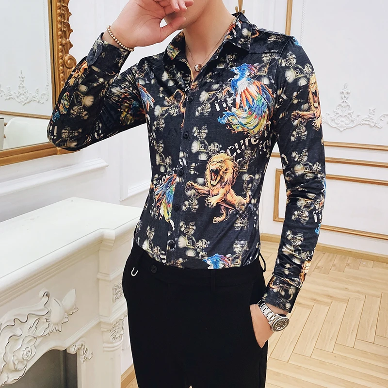 Мужская рубашка с цветочным принтом деловая бархатная в стиле ретро пуговицами