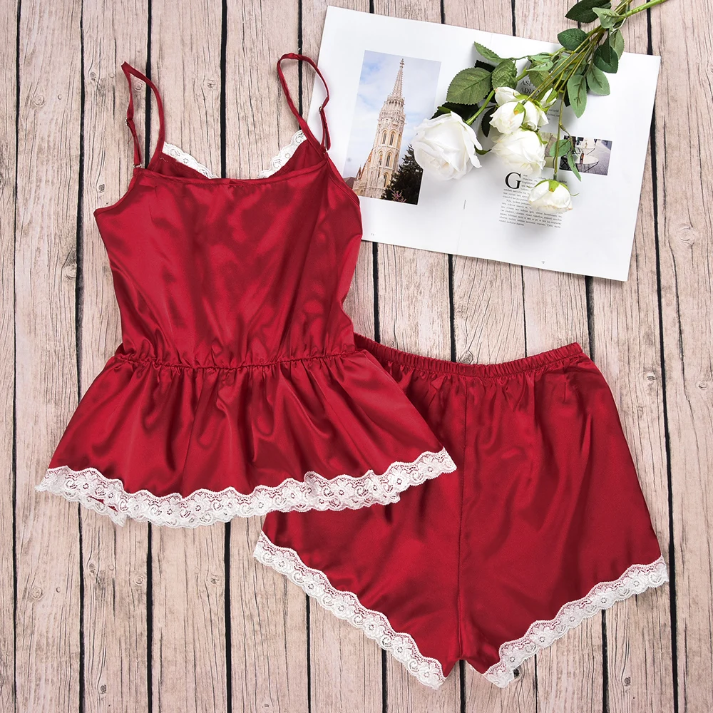 Красная женская пижама Сексуальный Атласный пижамный комплект кружевной топ на