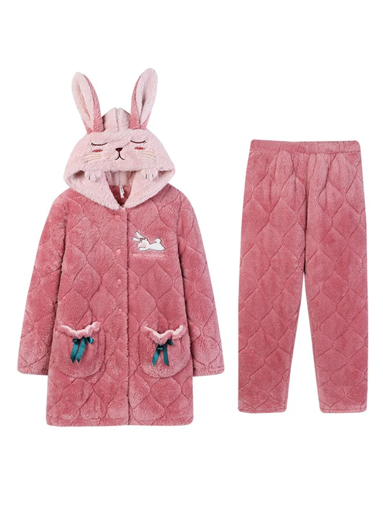 Winter Women's Pajamas Warm Cute Hooded Thick Flannel Pyjamas TurnDown Collar Button Shirt Long Pant 2 Piece/Suit Pajamas rabbit
