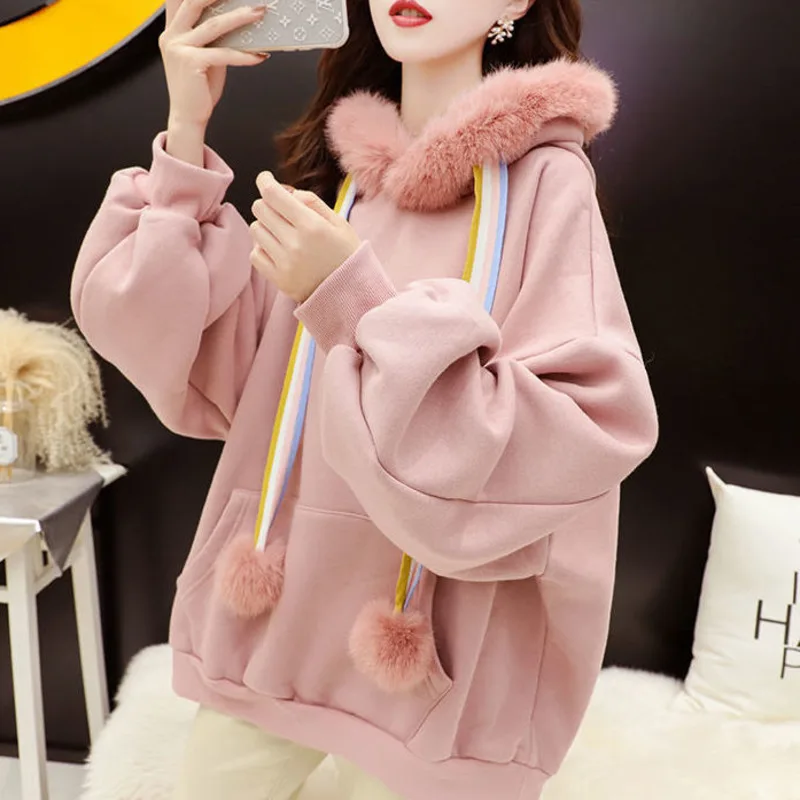 

Plush Thickened Warm Collar Hooded Sweatshirt Women New Autumn and Winter Loose Korean Ins Fashion Casual Kangaroo Pocket Coat
