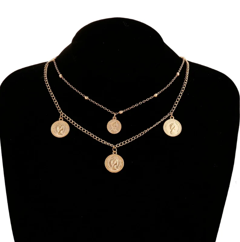 

Embossed Portrait Coin Pendant Multilayer Necklace Clavicle Chain for Women Girl Party Charm Jewelry