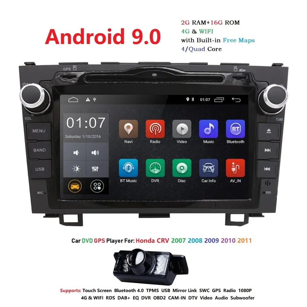 Hizpo автомобильный dvd-плеер gps Navi для Honda CRV 2007-2011 ips емкостный экран 1024*600+ 4G+ wifi+ BT+ SWC+ RDS+ Android 9,0+ 2 г+ 16 ГРОМ