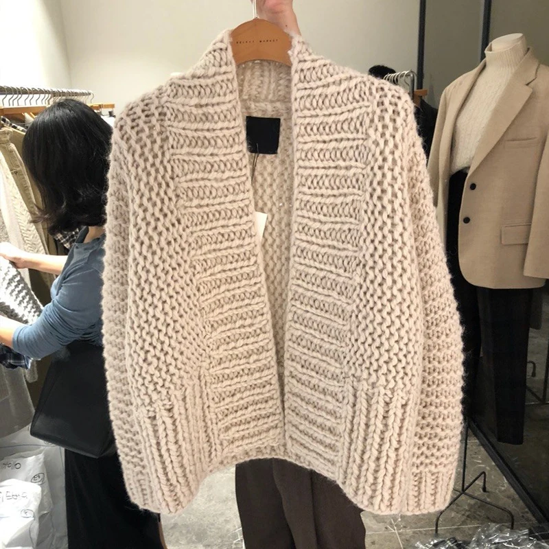 

Autumn Winter Knitted Woolen Hollow Solid Warm Casual Loose Open Stitch Female Women Cardigans Sweater