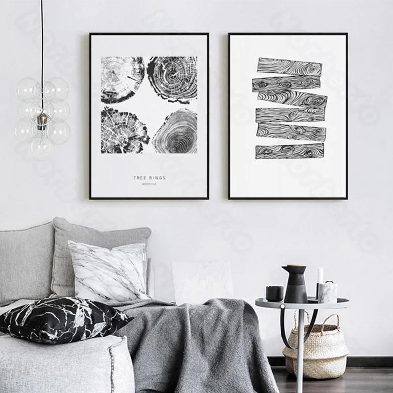 

Vintage Canvas Painting Poster and Print Gray Wood Big and Small Tree Circle Oblong Shaped Rings for Home Rooms Wall Decoration