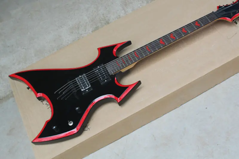 

free shipping 6 string guitar,irregular black guitar,basswood body ,strings through body,HH pickups,red inlay,red margin