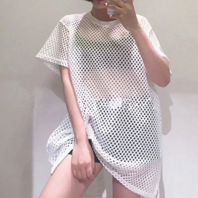 KLV сексуальное прозрачное Сетчатое платье-футболка с коротким рукавом вязаный