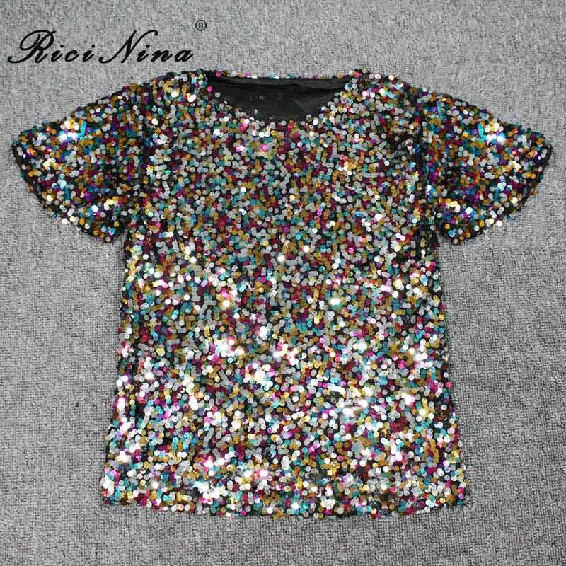 T Shirt Women 1 RICININA, женская футболка с блестками,, короткий рукав, круглый вырез, женская футболка, повседневный Топ, женские вечерние сексуальные футболки, Женская Осенняя футболка - Цвет: T Shirt Women 1