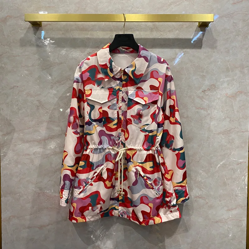 

New camouflage Lapel with cap and belt tie long sleeve thin coat fashion