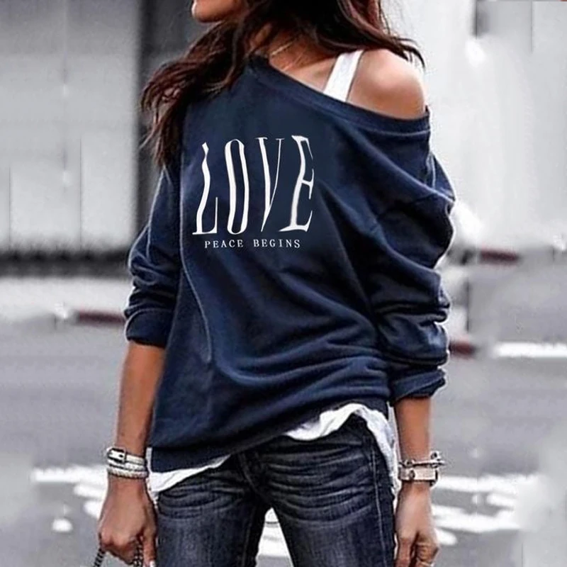 

2021 NEW LOVE Gray Women's One Shoulder Tops casual Letter Print Long Sleeve T-Shirts female Plus Size Spring Autumn clothes
