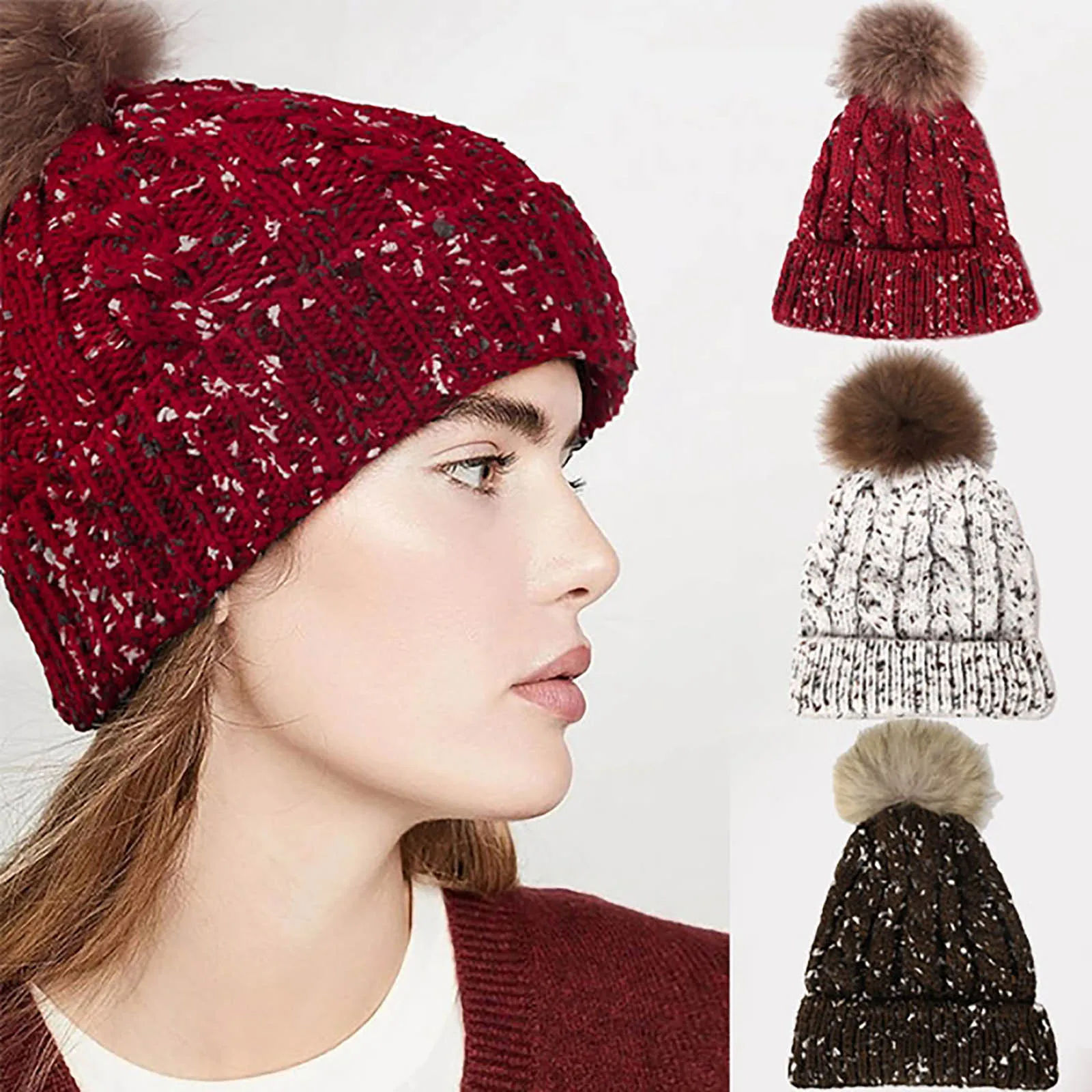 

Модная повседневная женская вязаная шапка, зимняя вязаная шапка смешанных цветов с шерстяной строчкой, шапка с манжетами из чистого кашеми...