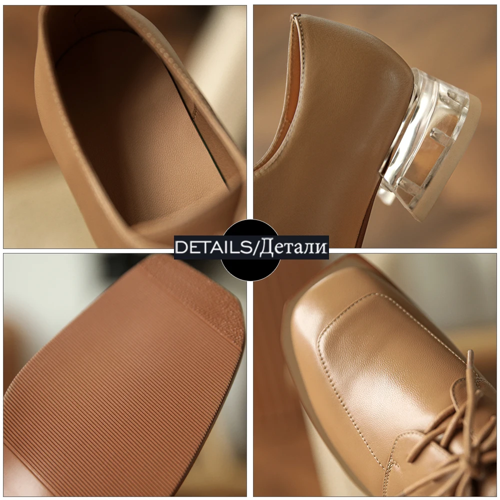 

ISNOM Crystal Heels Shoes Woman Lace Up Pumps Square Toe Sheepskin Leather Shoes Women Strange Low Heel Pumps Ladies Vintage