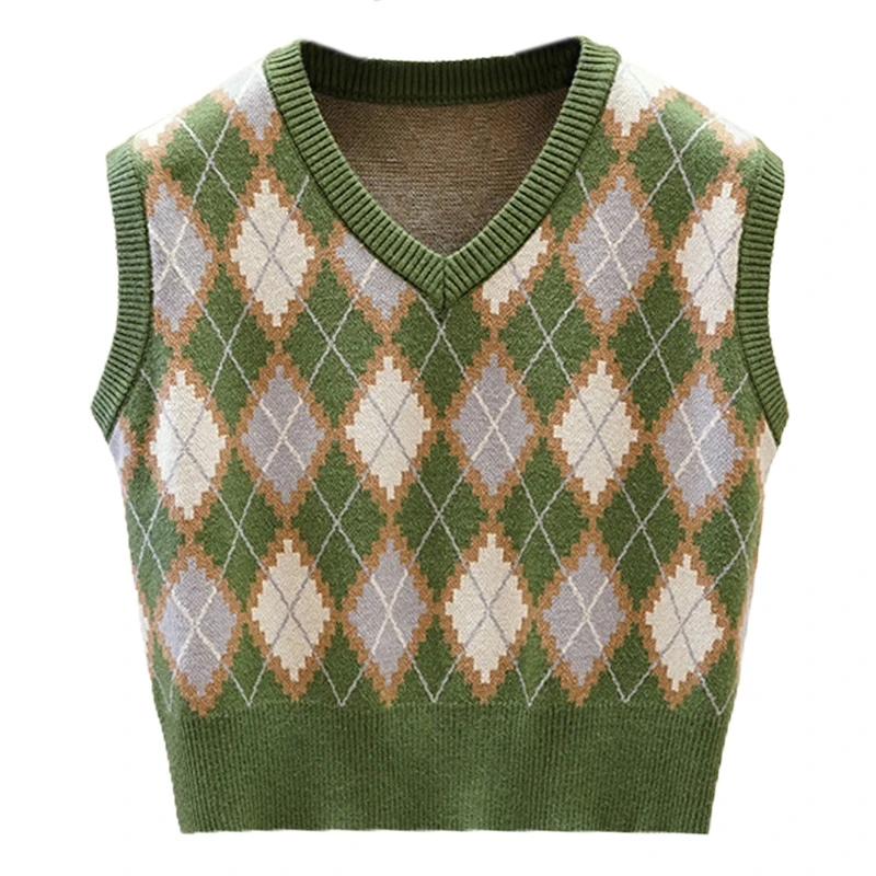 

Women Knitted V-Neck Loose Sleeveless Vest Vintage Argyle Plaid Sweater Tank Top 6XDA