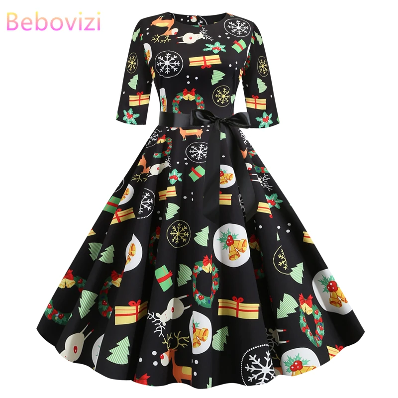 Bebovizi модные зимние платья для женщин 2019 и изображением новогодней елки черные