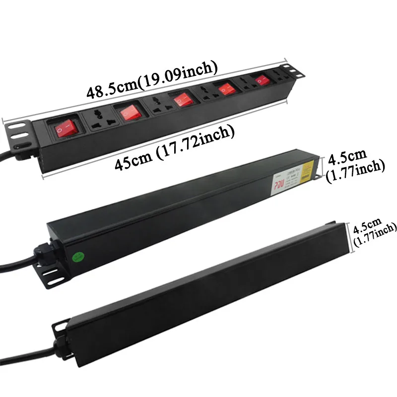 10A 250V Industrial 19 Inches PDU Cabinet Aluminium Alloy Power Strip EU UK US AU plug Universal 5 AC Outlet Independent Switch |