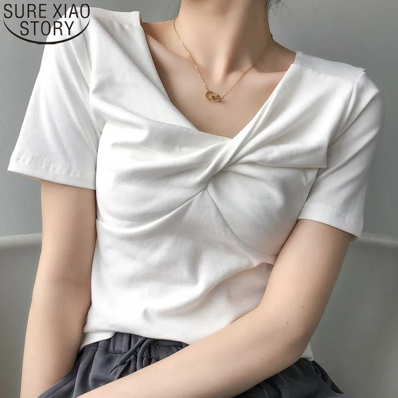 

2022 New Fashion Woman's Shirt Summer T-shirt Female Korean Short-sleeved Solid Tops Female V-neck Korean Folds Slim Tops 14621
