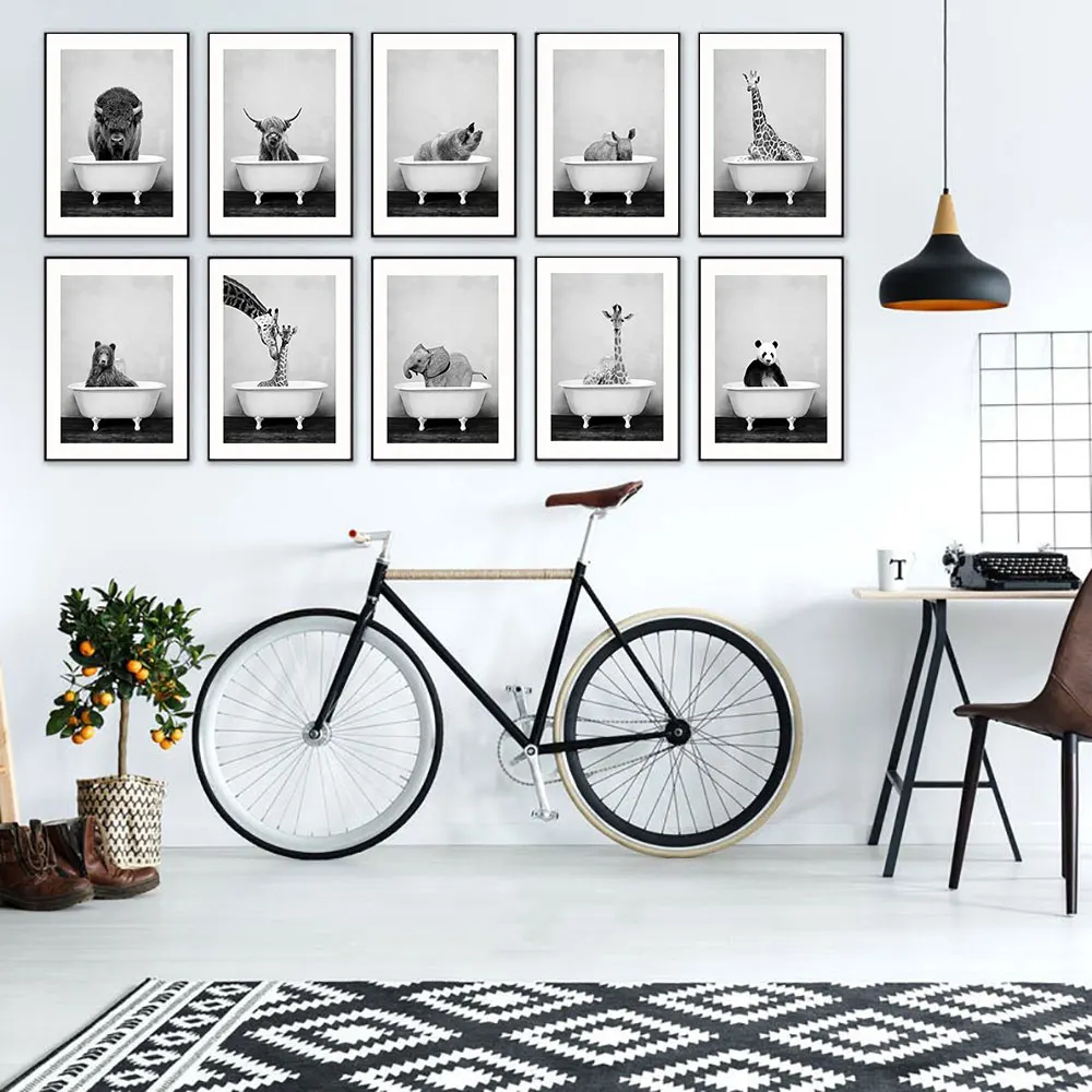 Забавное животное в ванной стены Искусство Холст плакат минималистичный принт