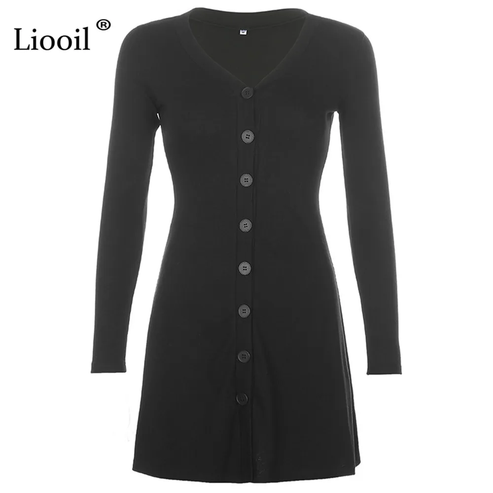 

Black Knit Ribbed Mini Dress Women Full Sleeve Button Up V Neck 2020 Autumn Winter Ladies Elegant Casual Skinny Knitwear Dresses