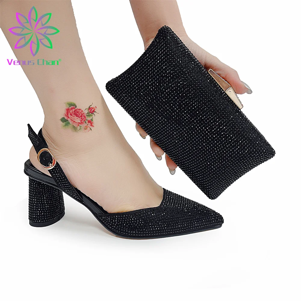 

New Arrival Black African Shoes with Matching Bags Set Decorated with Rhinestones Italian Shoes and Bag Set To Match for Party