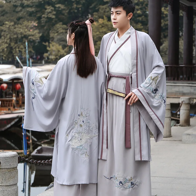

clothes, Han clothes, men's and women's ancient clothes, grey cross collar, Ru skirt, class clothes, lovers' clothes
