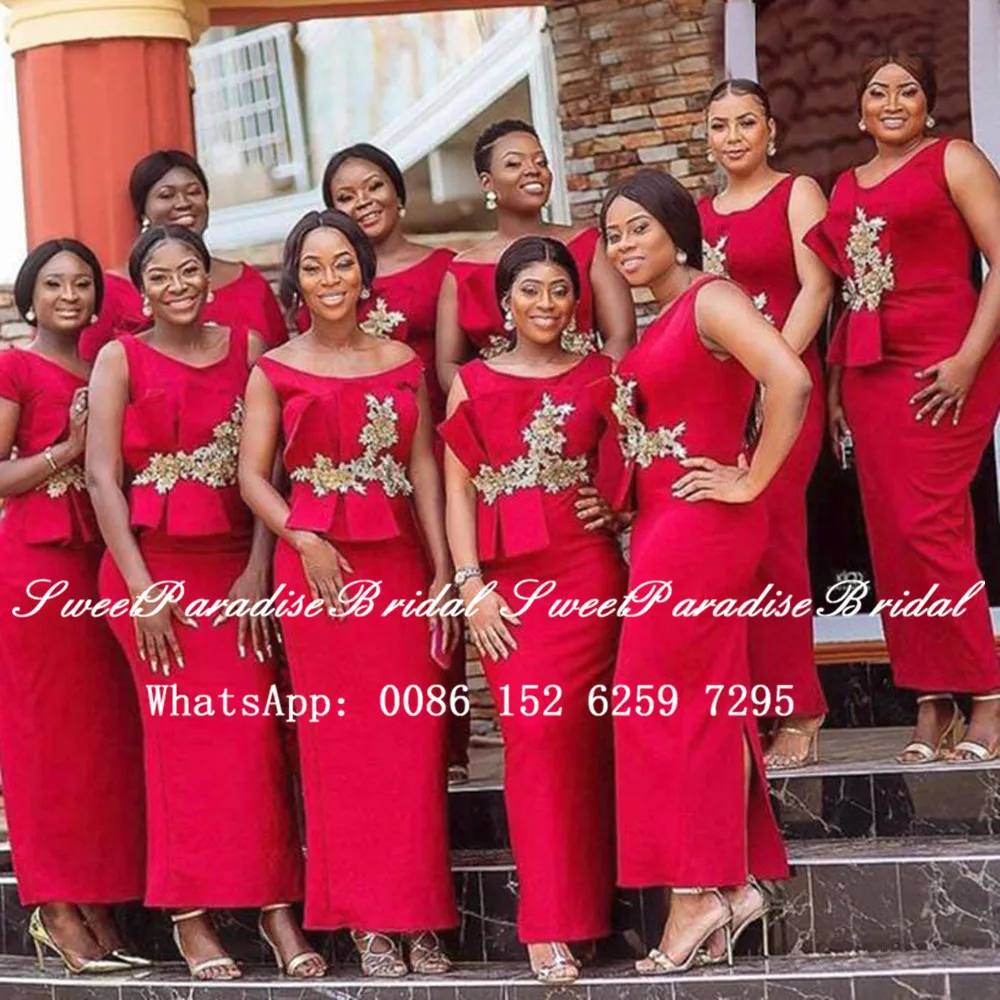 

Красные платья подружки невесты с золотистой аппликацией, 2020, Африканское женское платье до щиколотки, длинное свадебное платье, платья