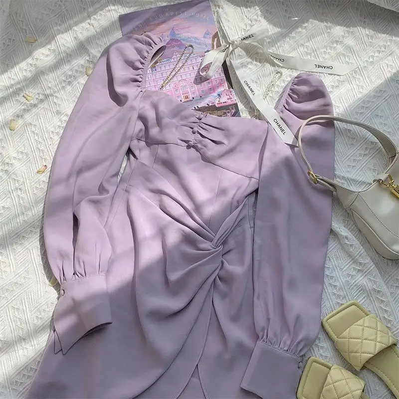 

Females Korean Style 2021 Summer Long Sleeve Mini Dress Women Square Collar Elegant Vingate Dress Sexy Evening Party White Dress