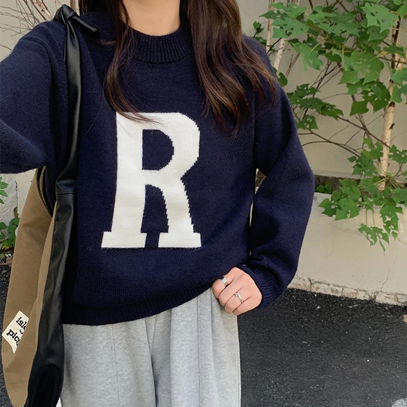 

Thick Letter Print Sweater Women Autumn Winter Korean Loose All-Match Outwear Knitwear Tops Long Sleeve Pullovers Pull Femme