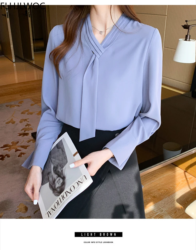 

2021 Spring Basic Shirts Blouses Women Female Long Sleeve Solid Color V Neck Elegant Office Lady Work Bow Tie Tops