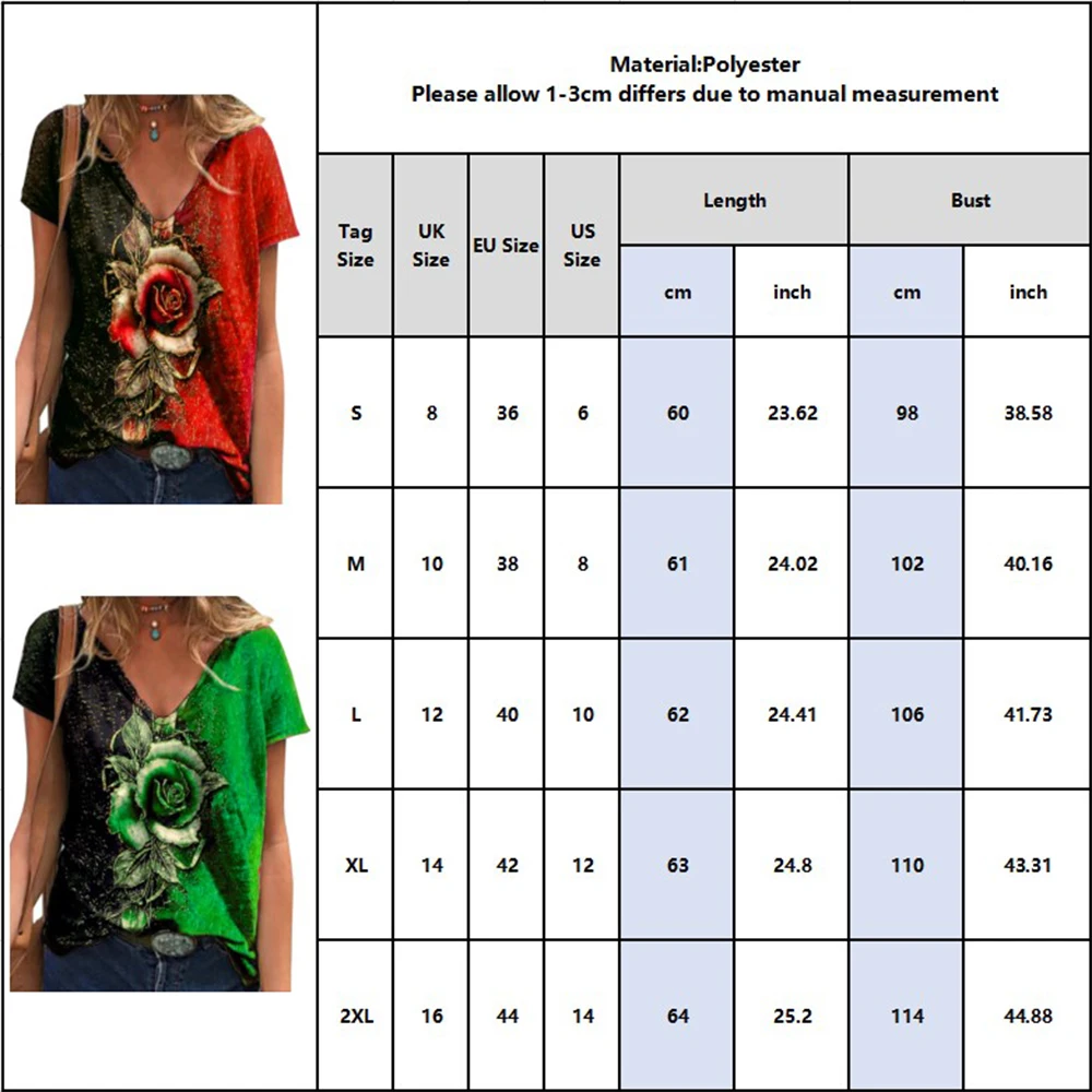 

Summer Rose Print Short Sleeve Loose T-shirt Women Casual V Neck Fashion Top Fashion Streetwear Pullover Plus Size Tshirt D30