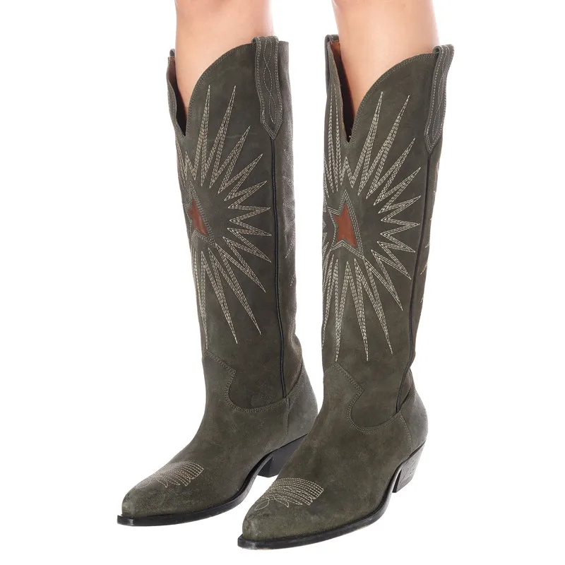 Сапоги с вышивкой; женские сапоги с острым носком, украшенные вышивкой; Bottes; узкие сапоги до середины икры с вышивкой в виде звезд; Botas; коллекция года; сезон осень-зима; Новое поступление; сапоги; Mujer