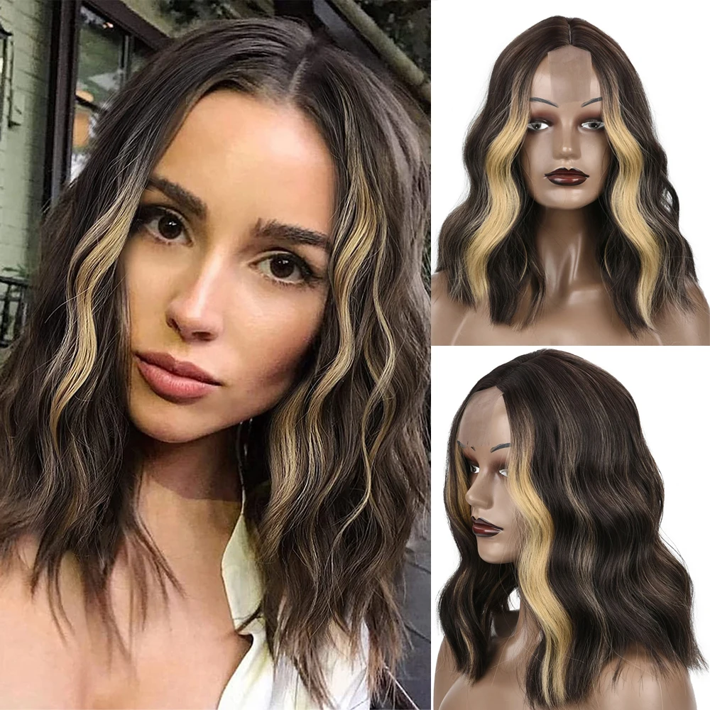 

Synthetic Curly Wavy HighLights Color Bob Wigs Short Brown Middle Part Wigs Shoulder Length Hair Cosplay Wig for Girls