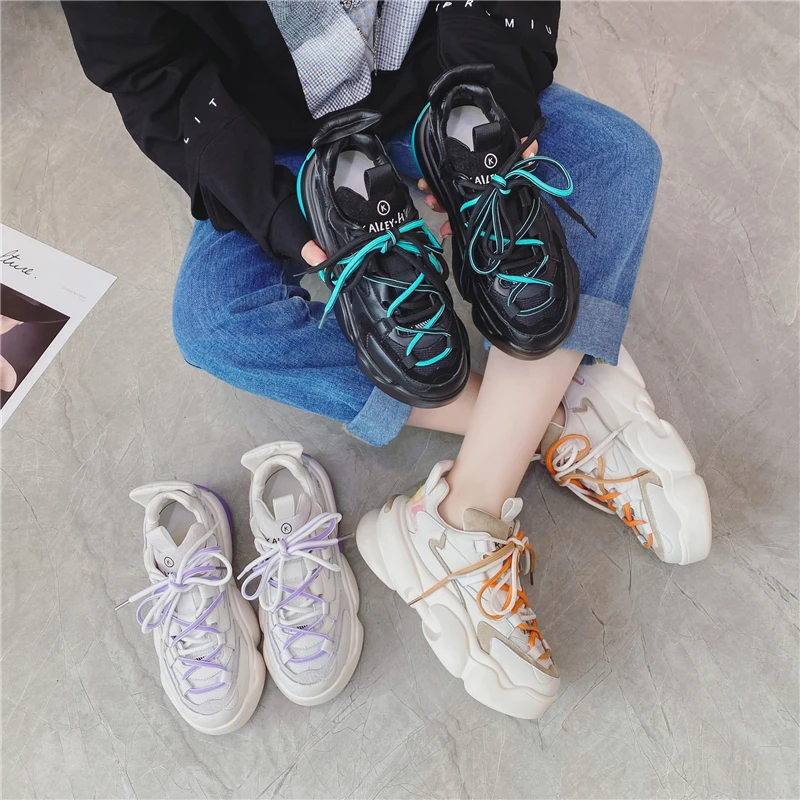 

2021 Autumn Women Chunky Sneakers Casual Leather Platform Shoes Woman Lace Up Breathable Mesh Vulcanize Shoes Female Black New