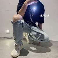 summer new hole denim pant men harajuku high street hip hop woman man baggy straight solid jeans casual daily trousers clothing