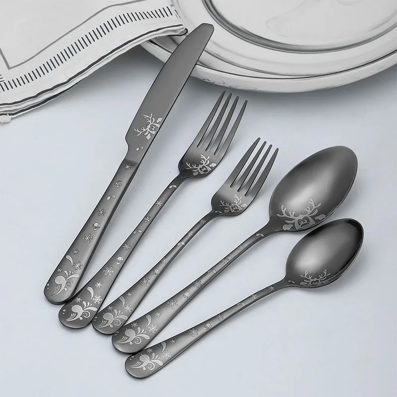 

5PCs 20PCs Stainless Steel Cutlery Set Golden Christmas Deer Head Pattern Steak Knife Fork Spoon Tableware Set With Gifts Box
