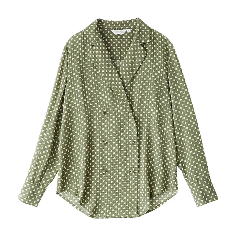 

PERHAPS U Women Green Polka Dot Turn Down Collar Long Sleeve Full Sleeve Shirt Vintage Notch Collar B0506