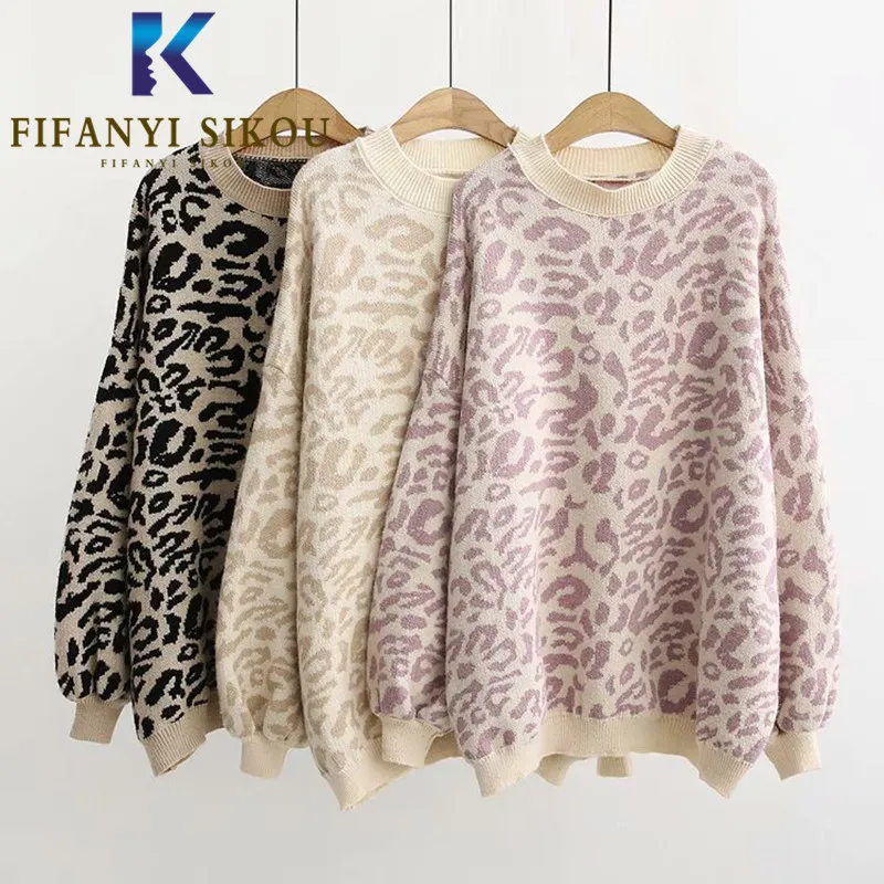 

Leopard Print Knitted Sweater Women Autumn Winter Fashion O-Neck Long Sleeve Pullover Female Loose Warm Sweaters Knit Tops