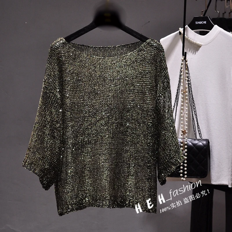 Qooth Shiny Lurex Sequin Sweater Women Long Sleeve Pullover Round Neck Golden Basic Shirt Knit Tops Jumper QH2174 | Женская одежда