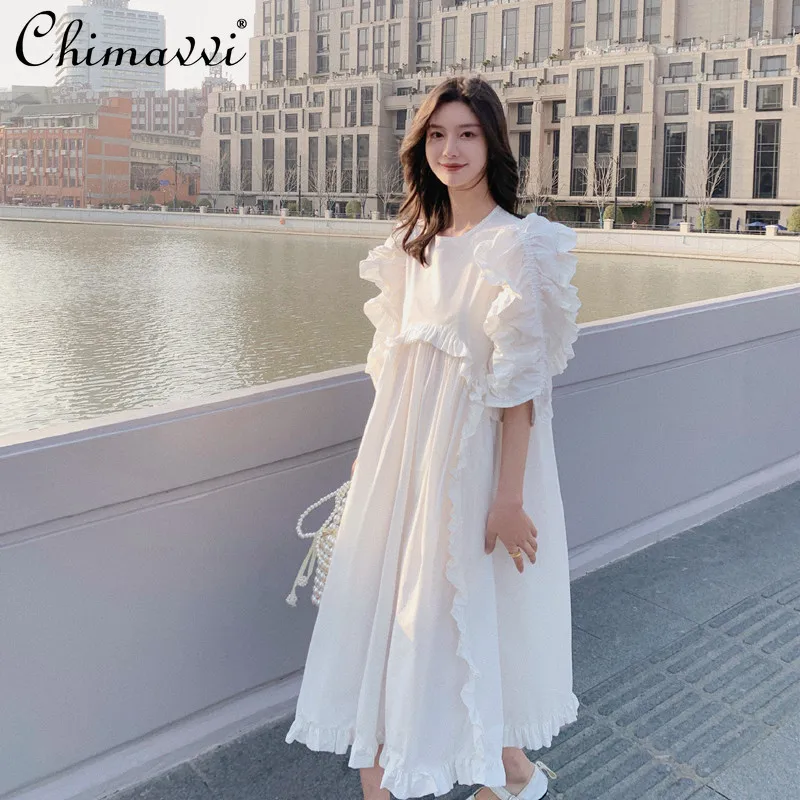 

Summer Women's Ruffled White Long Dress Short Sleeve Solid Color Loose Korean Dress Female High Fashion Casual Dress