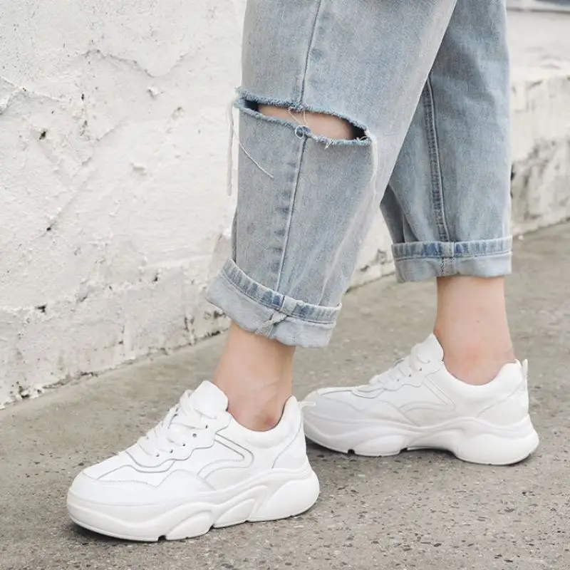 Taoffen Real Leather Sneakers Women Thick Sole Solid Color Lace Up Flats Shoes Daily Outdoor Leisure Shoes Women Size 35-39