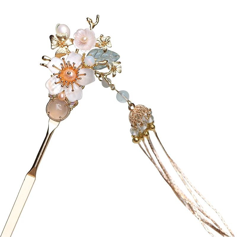 

Handmade Original Hanfu Kanzashi Hair Accessories Classical Hair Stick Butterfly Shell Flower Freshwater Pearls Metal Tassel